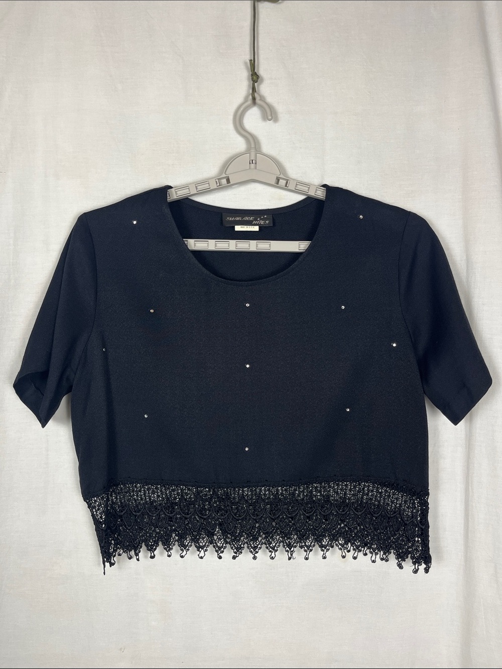 Vintage Sharade Nites Black Bedazzled Cropped Whimsigoth Blouse